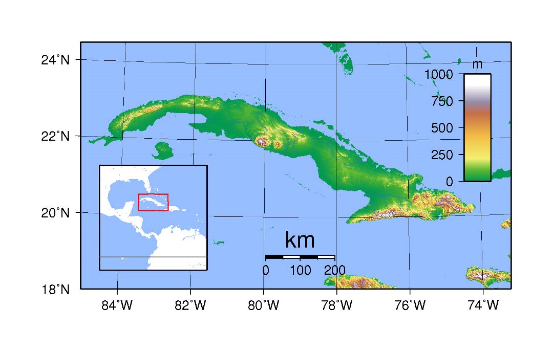 Большая топографическая карта Кубы