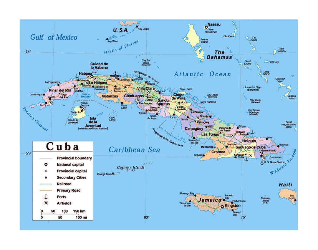 Политическая и административная карта Кубы с дорогами, железными дорогами, городами, портами и аэропортами