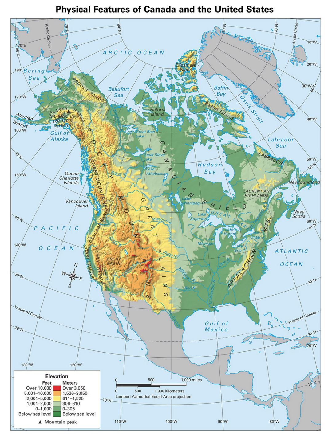 Подробная физическая карта Северной Америки