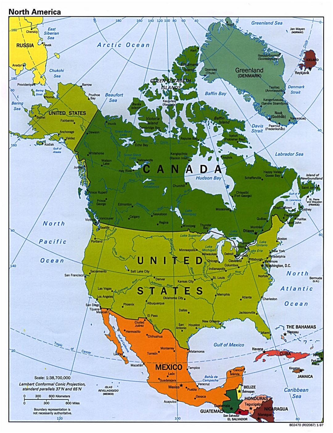 Детальная политическая карта Северной Америки с крупными городами - 1997
