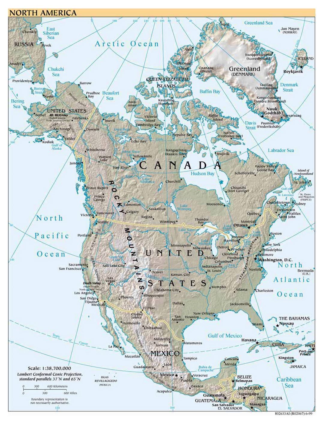 Подробная политическая карта Северной Америки с рельефом, городами и столицами - 1999