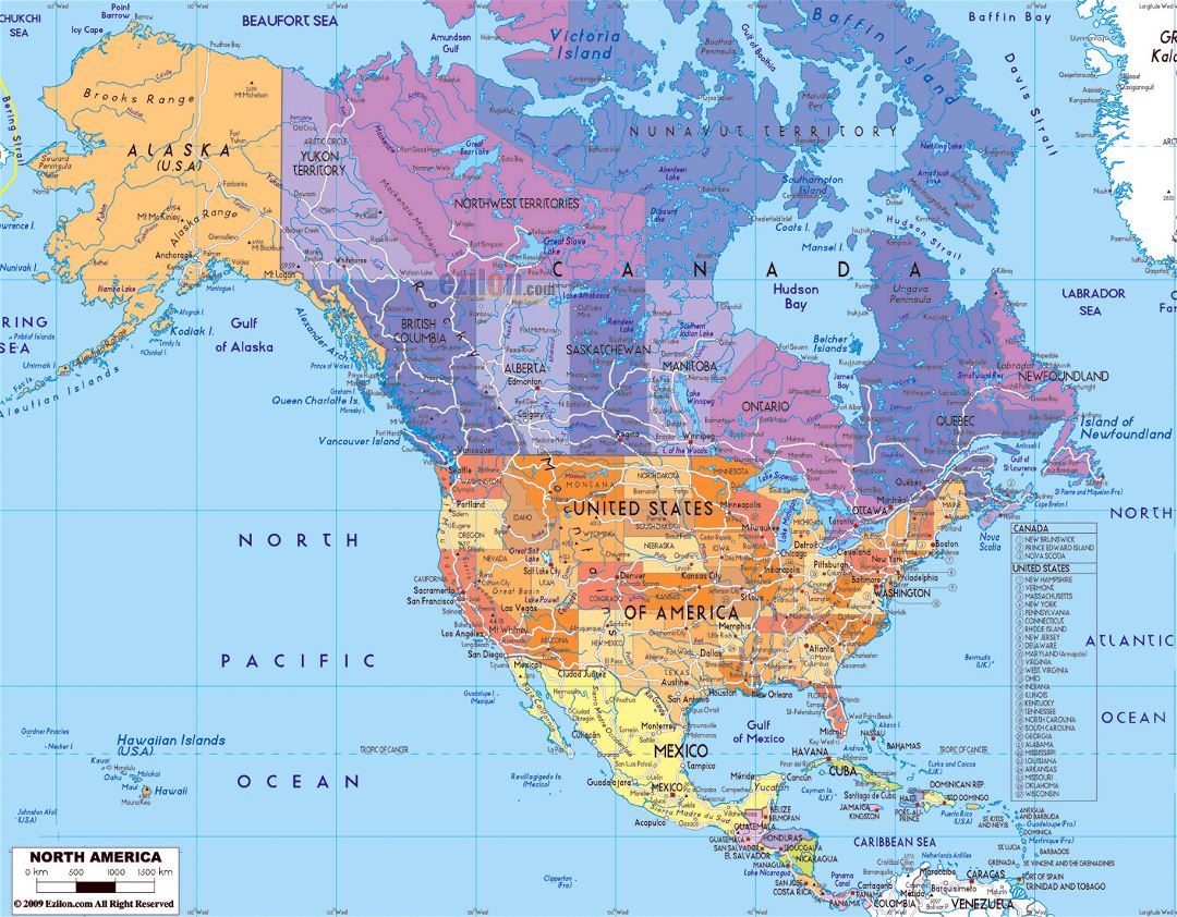 Детальная политическая карта Северной Америки с дорогами и крупными городами
