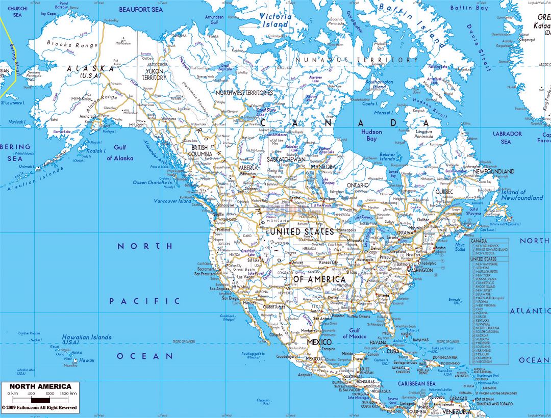 Детальная карта дорог Северной Америки с крупными городами