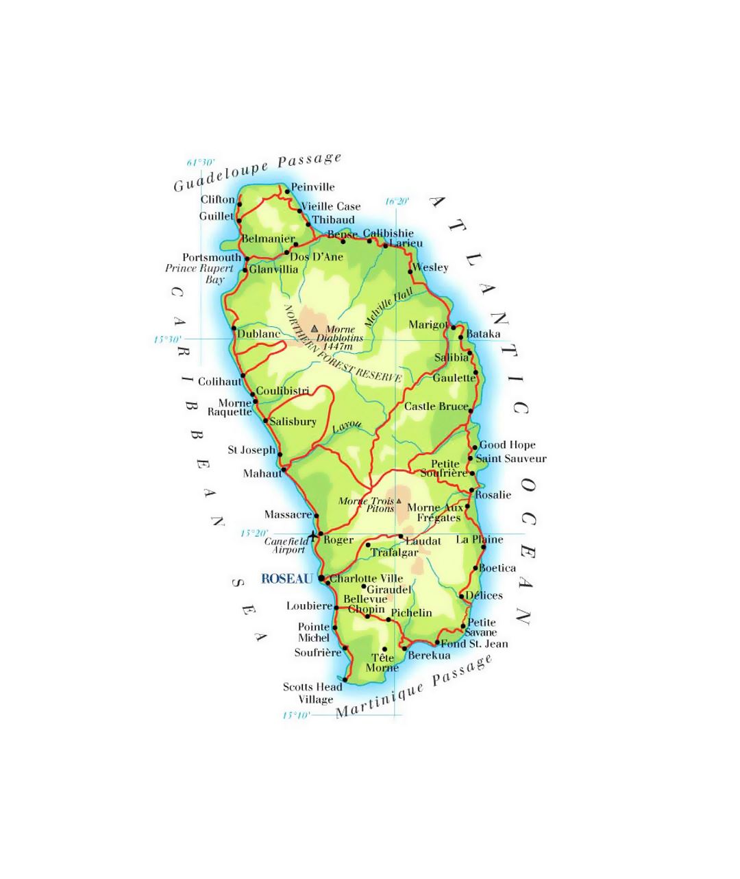 Подробная карта высот Доминики с дорогами, городами и аэропортами