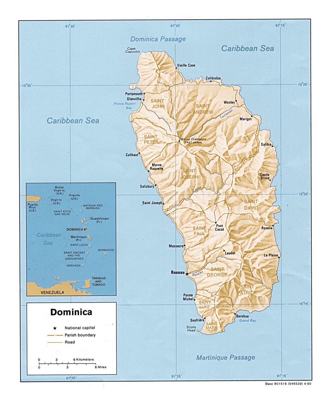 Детальная политическая и административная карта Доминики с рельефом, дорогами и крупными городами - 1990