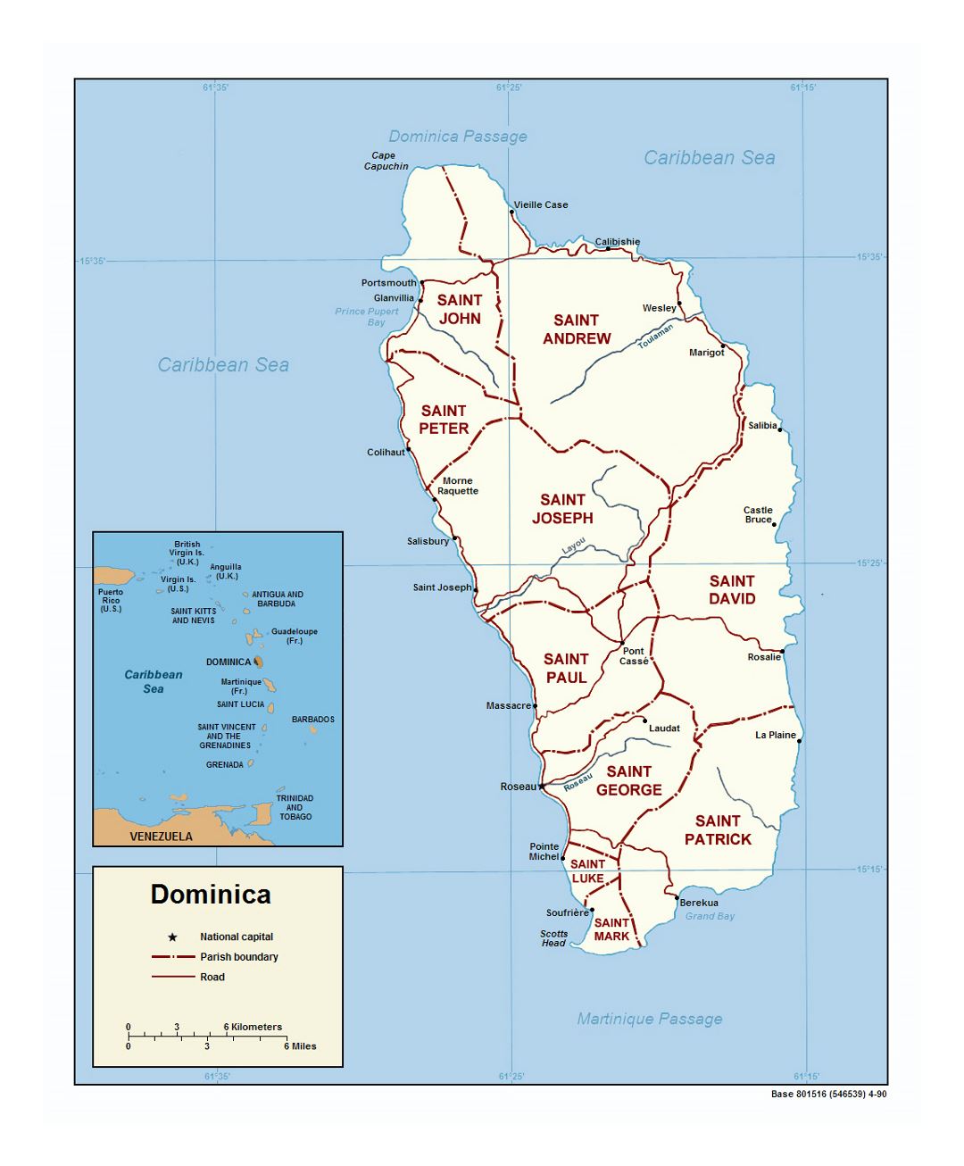 Детальная политическая и административная карта Доминики с дорогами и крупными городами - 1990