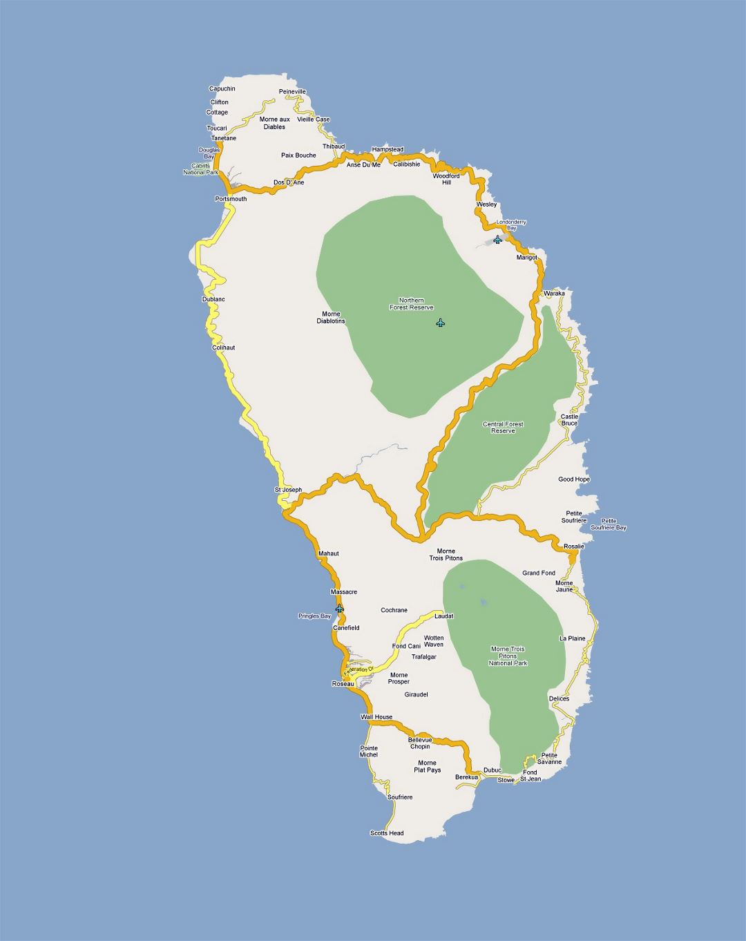Подробная карта дорог Доминики