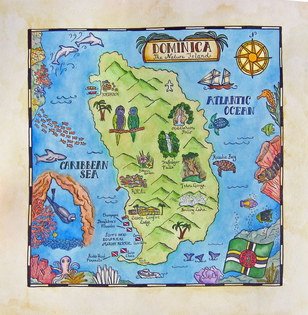 Детальная туристическая иллюстрированная карта Доминики