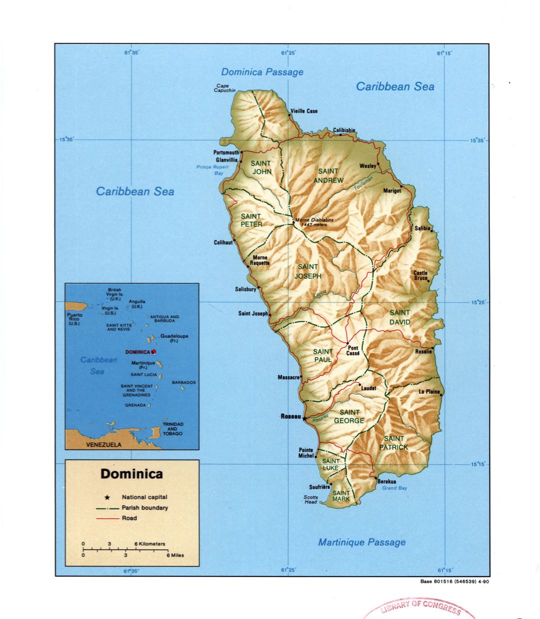 Большая подробная политическая и административная карта Доминики с рельефом, дорогами и крупными городами - 1990