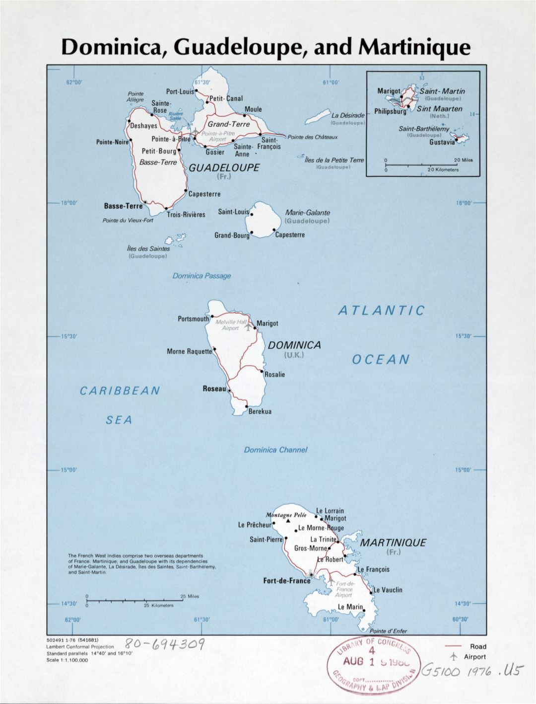 Большая детальная политическая карта Доминики, Гваделупы и Мартиники с дорогами, крупными городами и аэропортами - 1976