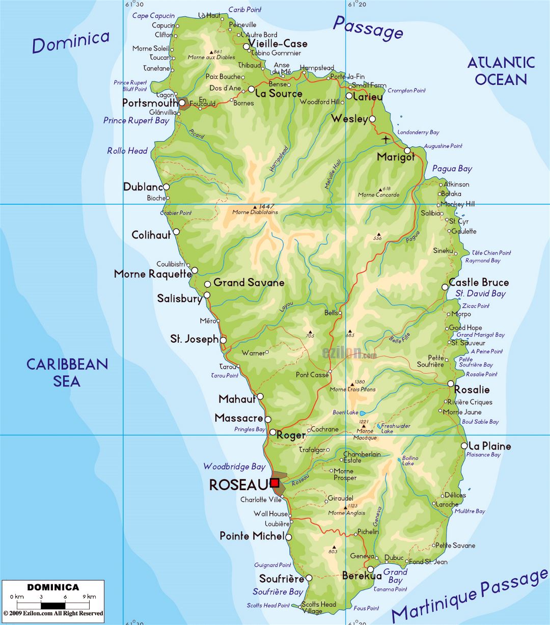Большая физическая карта Доминики с дорогами, городами и аэропортами