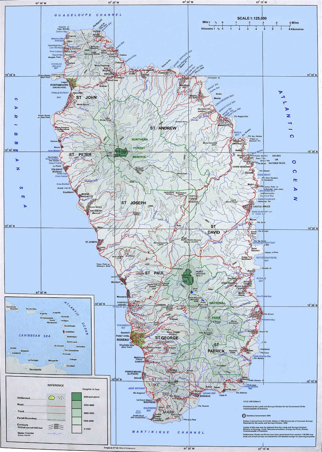 Большая топографическая карта острова Доминика