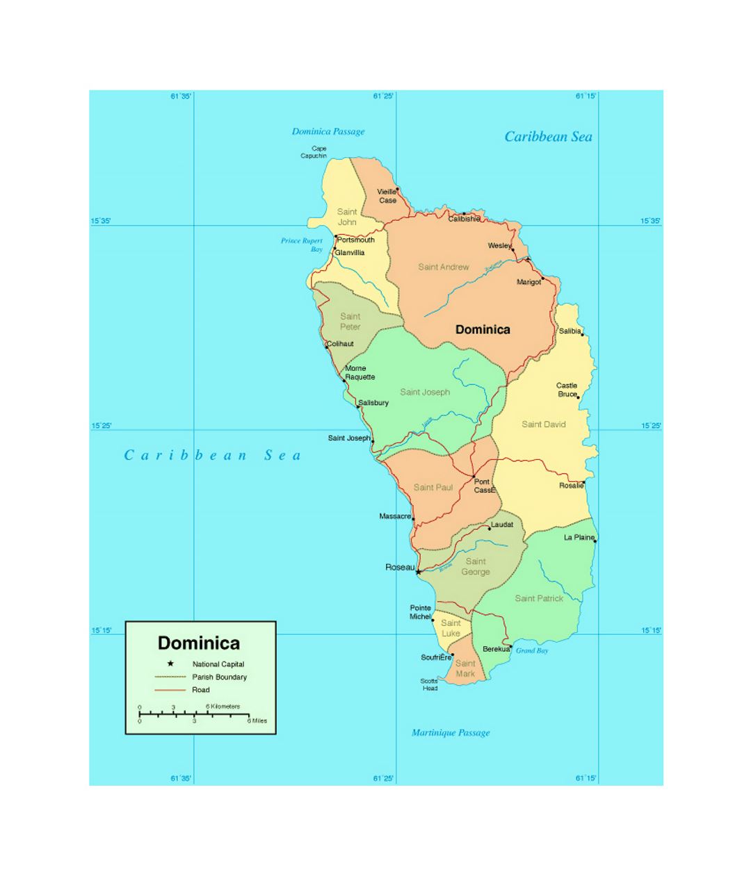Политическая и административная карта Доминики с дорогами и крупными городами