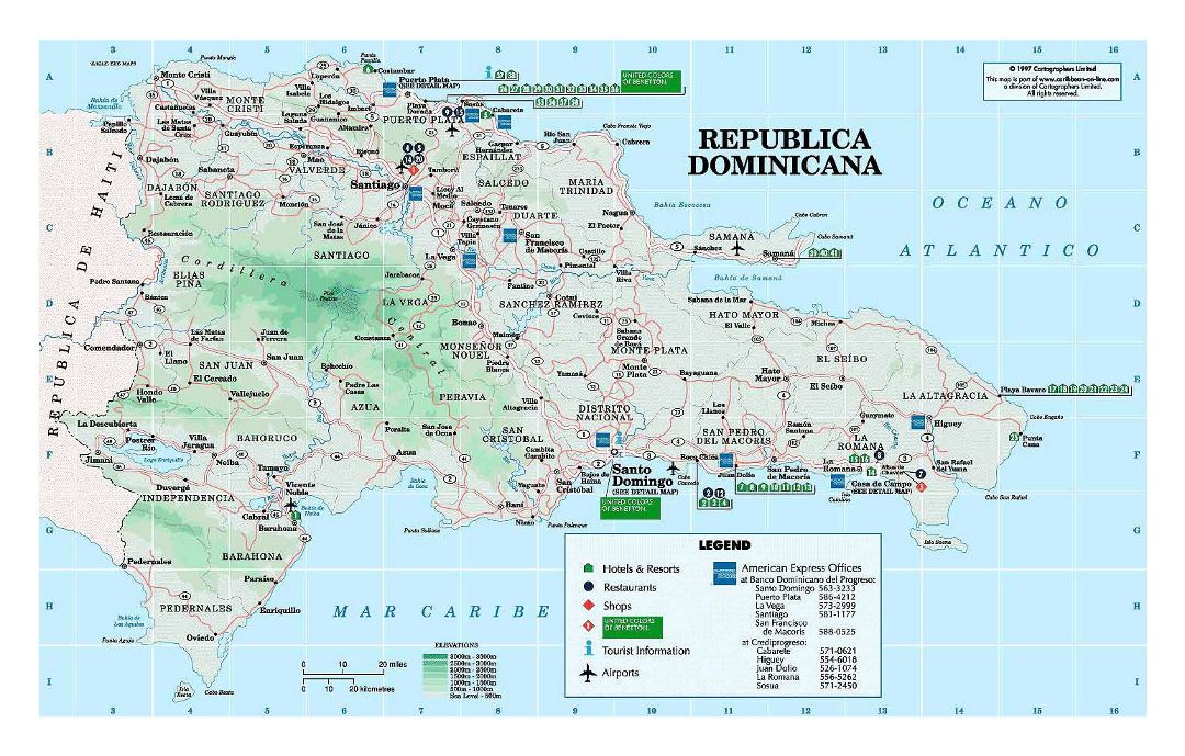 Детальная карта высот и туристическая карта Доминиканской Республики с другими пометками