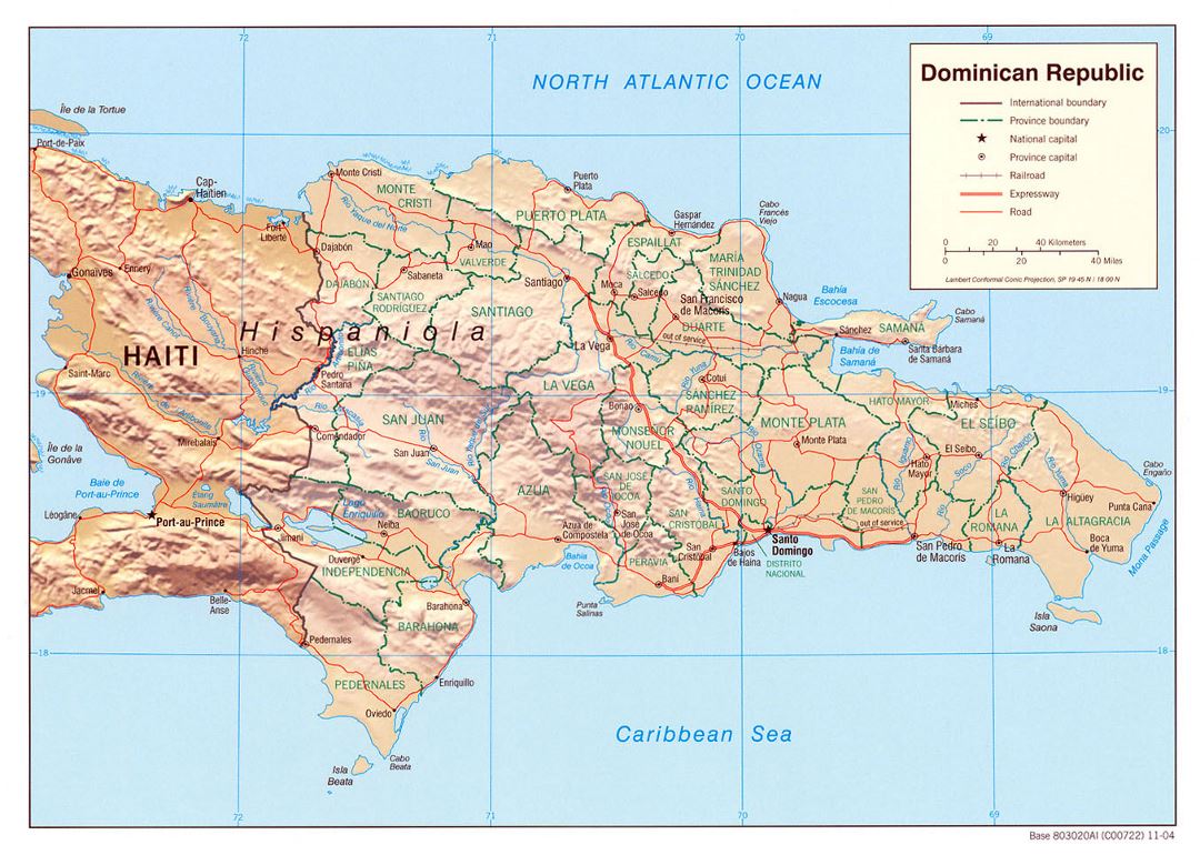 Подробная политическая и административная карта Доминиканской Республики с рельефом, дорогами, железными дорогами и крупными городами - 2004