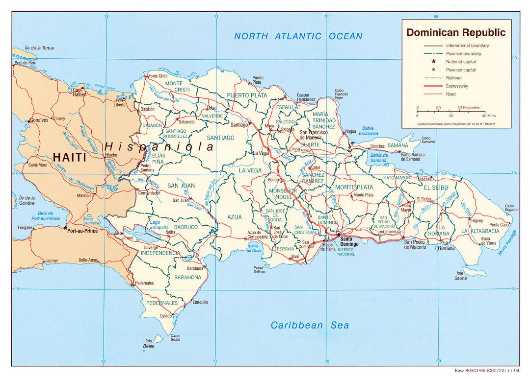 Детальная политическая и административная карта Доминиканской Республики с дорогами, железными дорогами и крупными городами - 2004