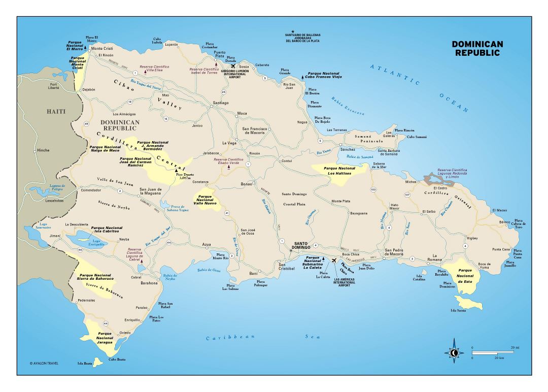 Большая подробная карта Доминиканской Республики с дорогами, городами, аэропортами и природными заповедниками