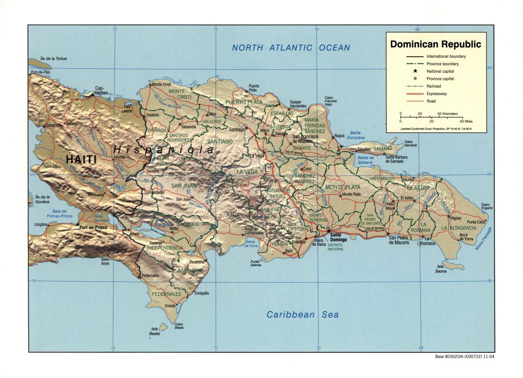 Большая детальная политическая и административная карта Доминиканской Республики с рельефом, дорогами, железными дорогами и крупными городами - 2004