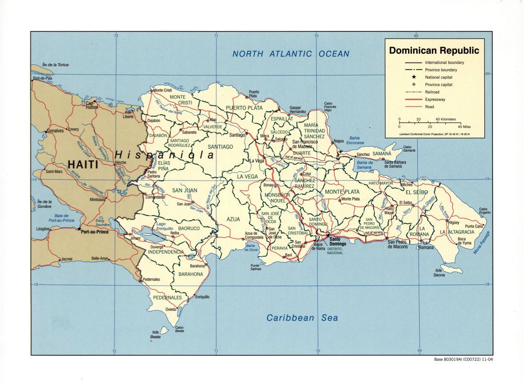 Большая детальная политическая и административная карта Доминиканской Республики с дорогами, железными дорогами и крупными городами - 2004