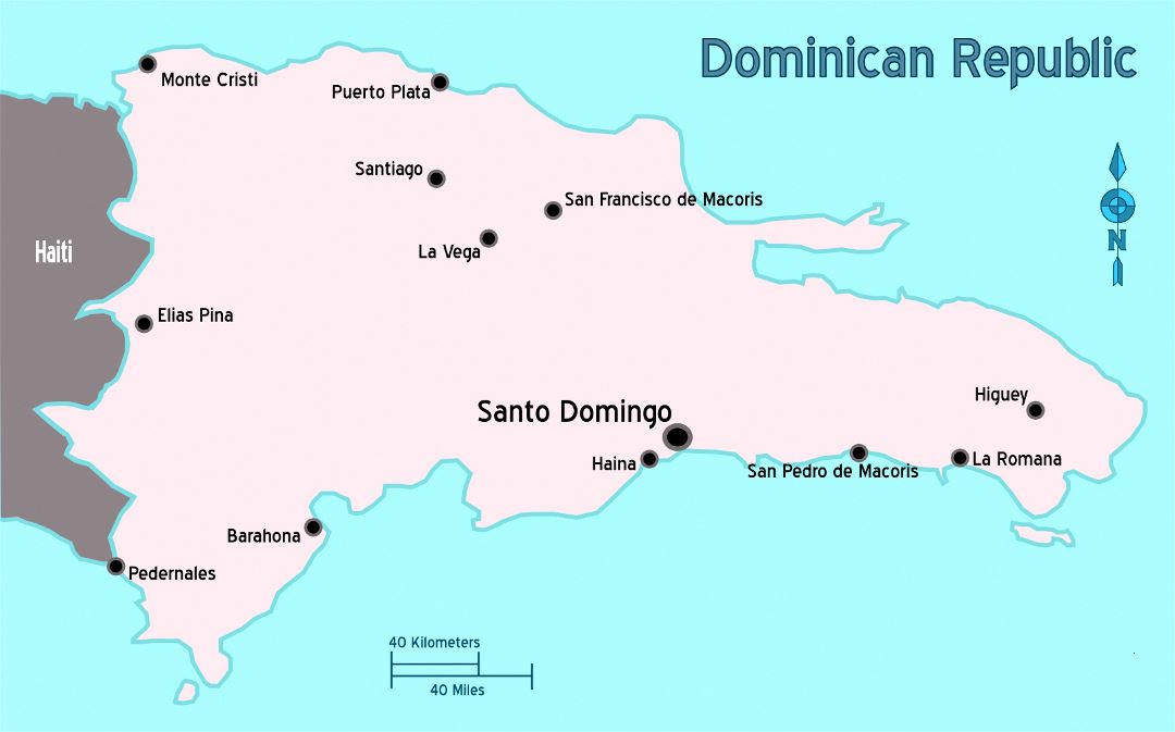 Большая карта Доминиканской Республики с крупными городами