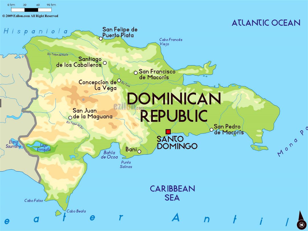 Большая физическая карта Доминиканской Республики с крупными городами