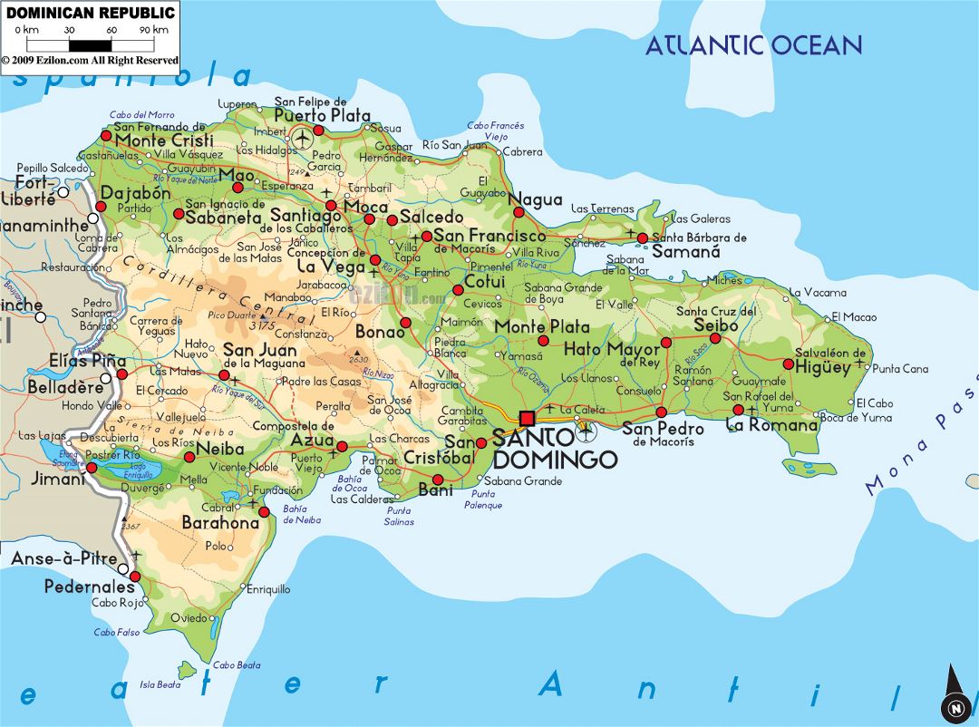 Большая физическая карта Доминиканской Республики с дорогами, городами и аэропортами