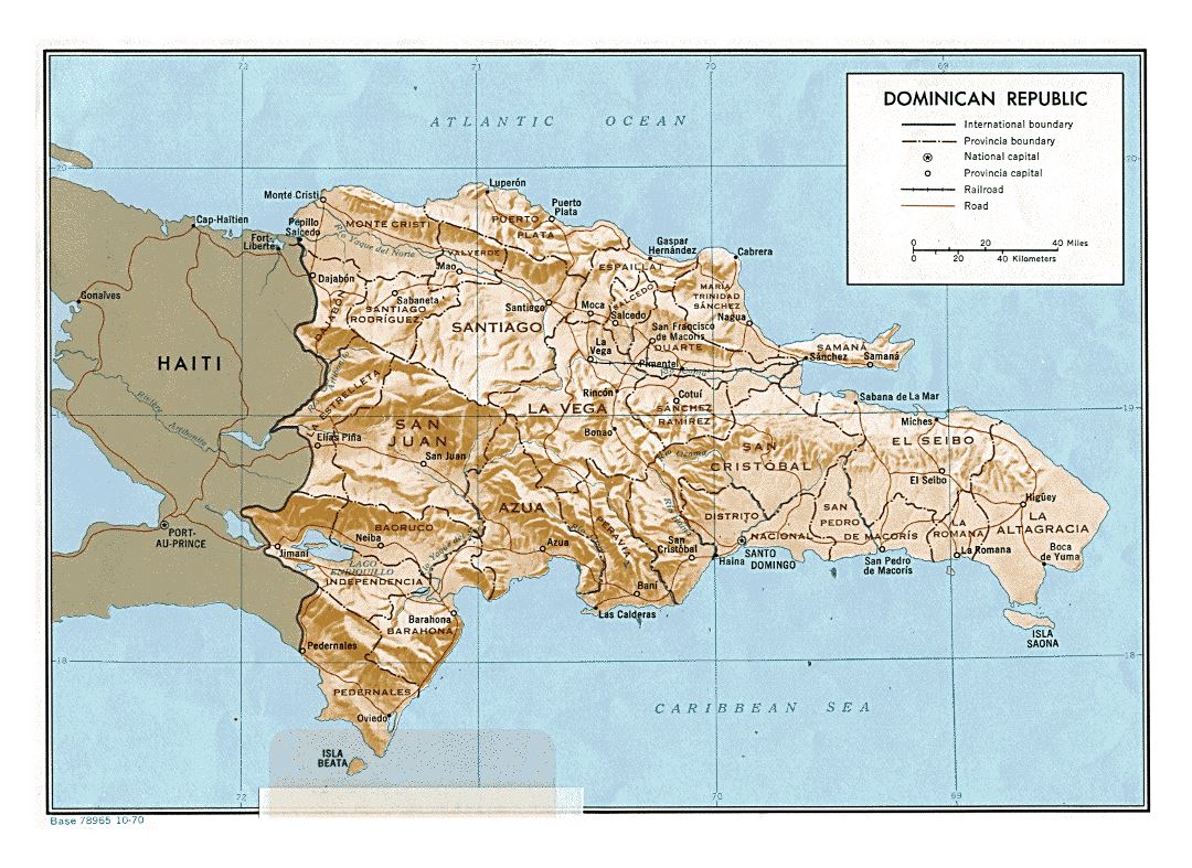 Большая политическая и административная карта Доминиканской Республики с рельефом, дорогами, железными дорогами и крупными городами - 1970