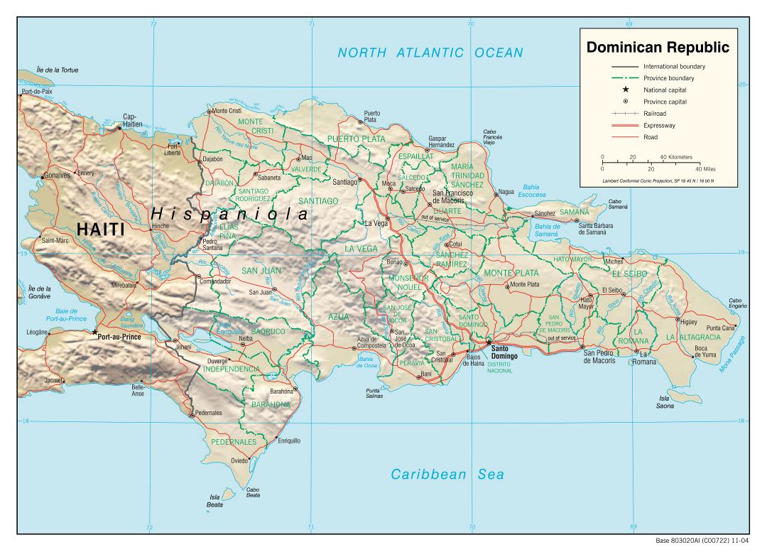 Большая политическая и административная карта Доминиканской Республики с рельефом, дорогами, железными дорогами и крупными городами - 2004