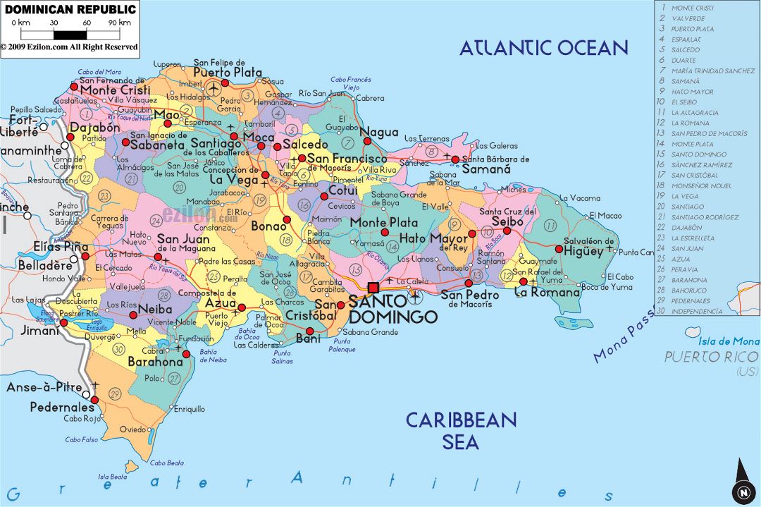 Большая политическая и административная карта Доминиканской Республики с дорогами, городами и аэропортами