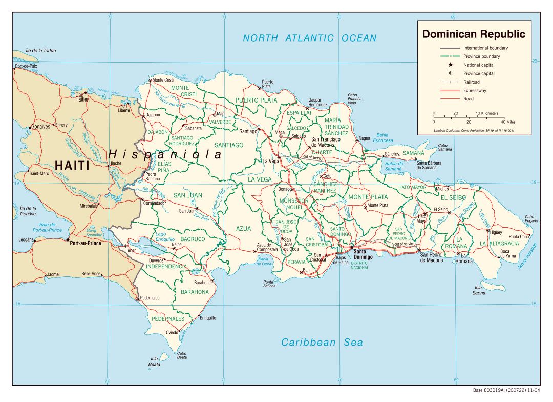 Большая политическая и административная карта Доминиканской Республики с дорогами, железными дорогами и крупными городами - 2004