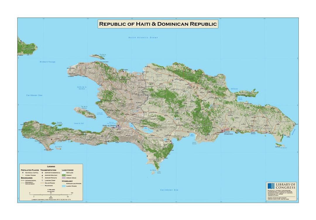 Крупномасштабная подробная карта Республики Гаити и Доминиканской Республики с рельефом, дорогами, железными дорогами, городами, аэропортами и другими пометками - 1978