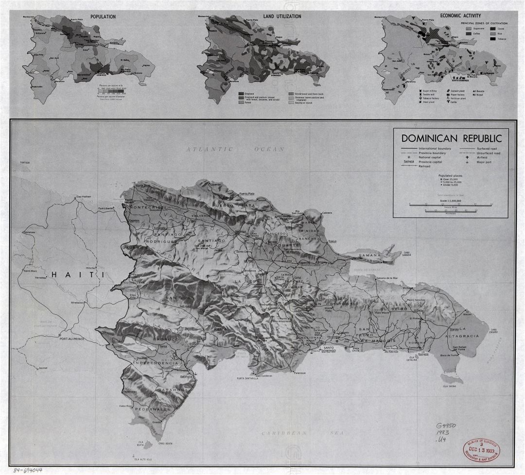 Крупномасштабная политическая и административная карта Доминиканской Республики с рельефом, дорогами, железными дорогами, городами, портами и аэропортами - 1983
