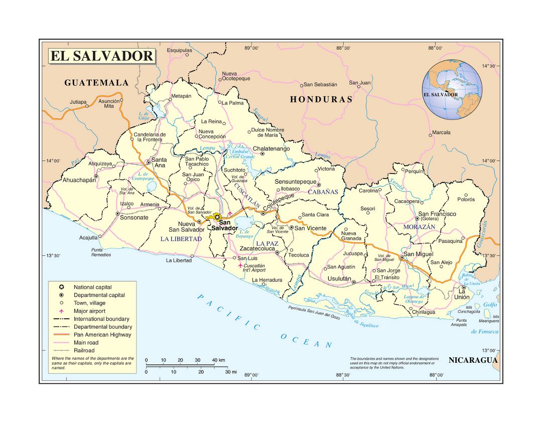Детальная политическая и административная карта Сальвадора с дорогами, железными дорогами, городами и аэропортами