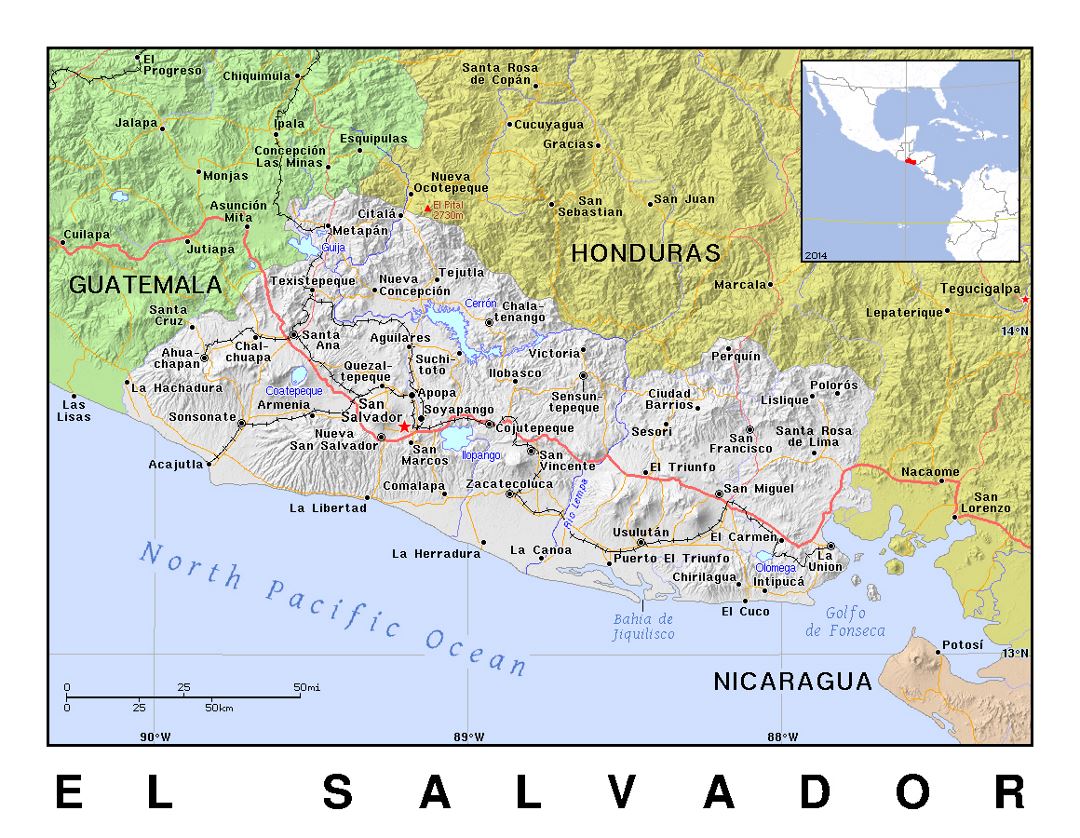 Детальная политическая карта Сальвадора с рельефом