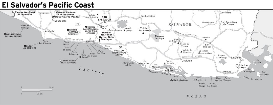 Большая детальная карта тихоокеанского побережья Сальвадора с дорогами и городами