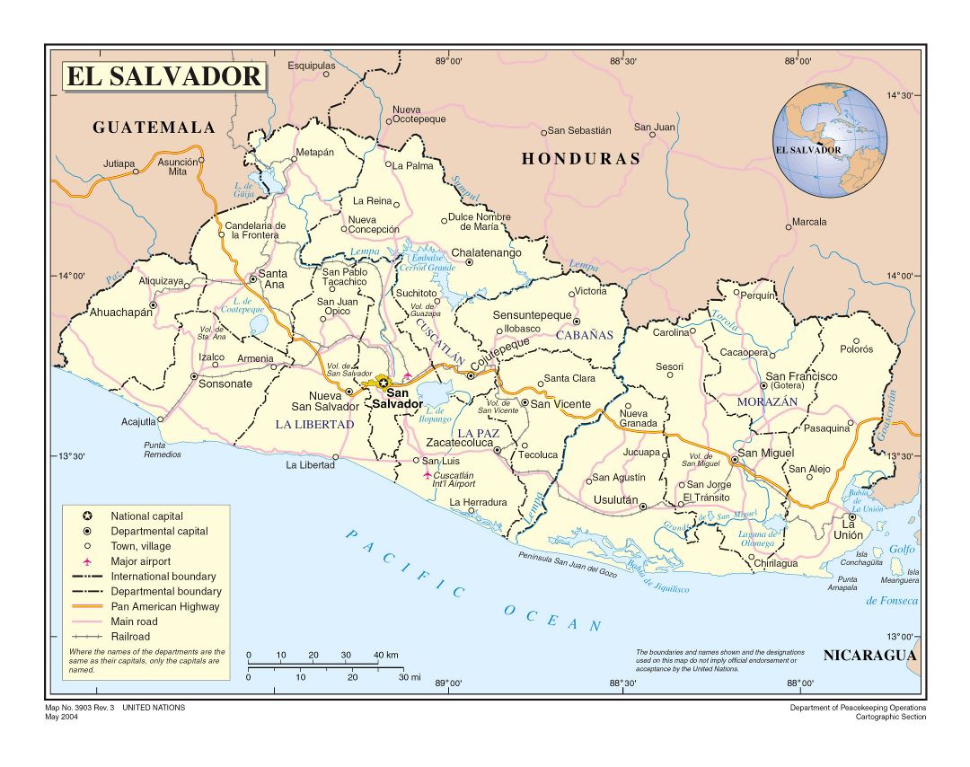 Большая подробная политическая и административная карта Сальвадора с дорогами, железными дорогами, городами и аэропортами