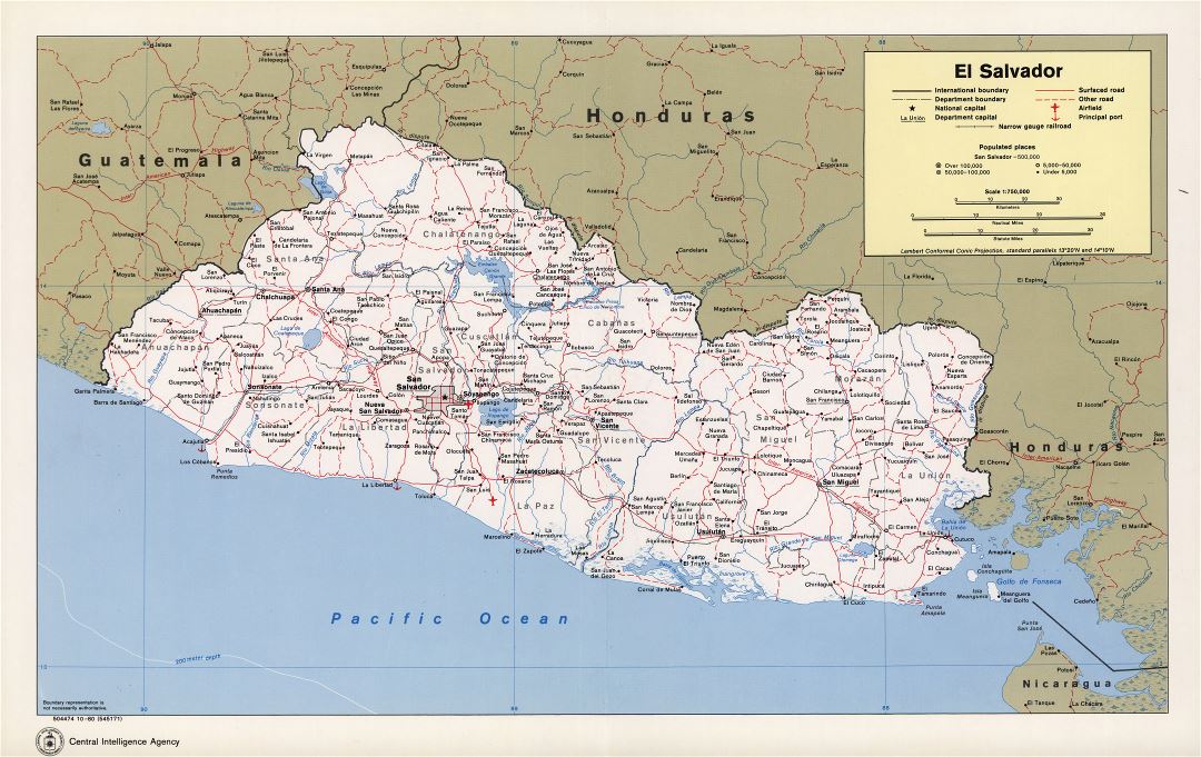 Большая детальная политическая и административная карта Сальвадора с дорогами, железными дорогами, городами, морскими портами и аэропортами - 1980