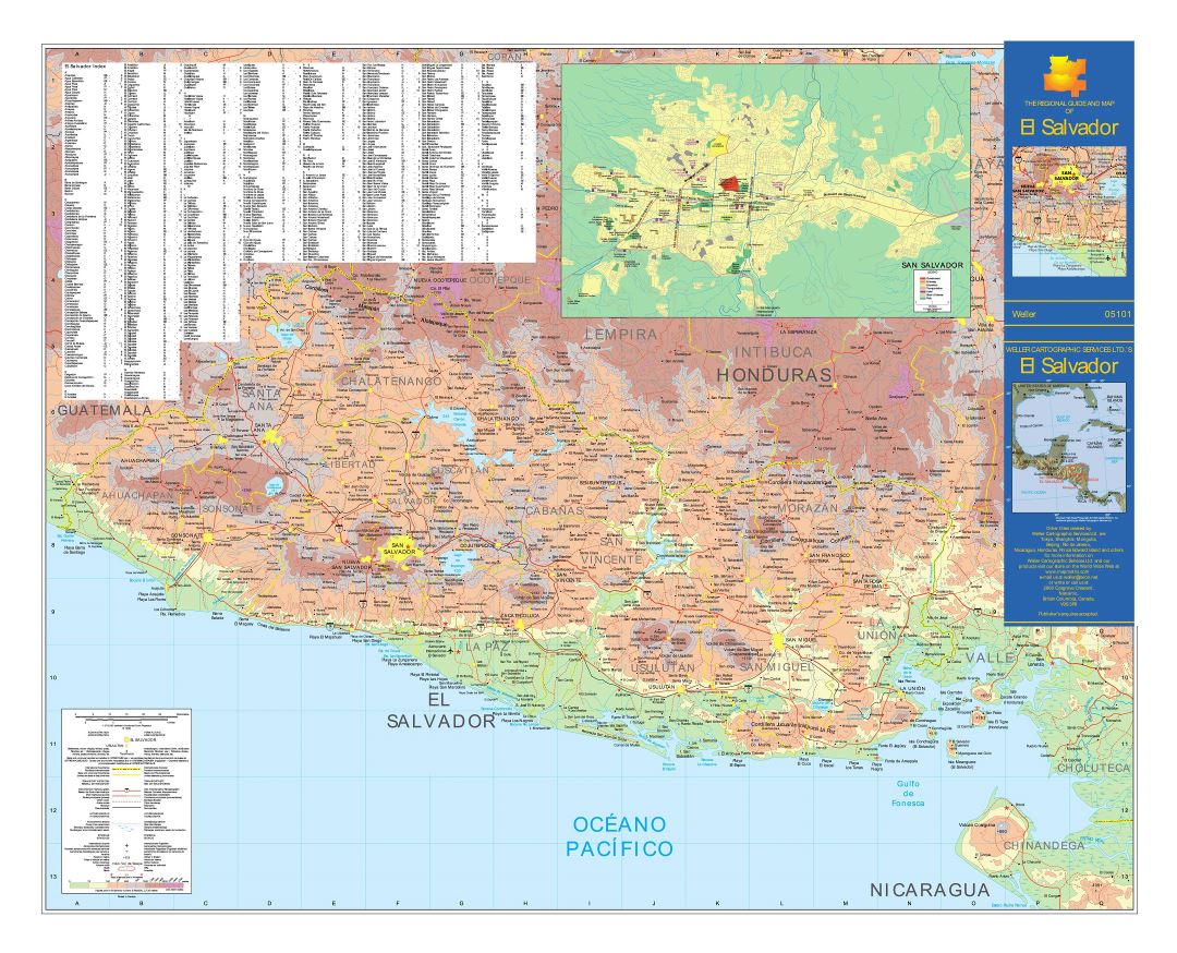 Большая детальная топографическая карта Сальвадора с дорогами, городами, аэропортами и другими пометками