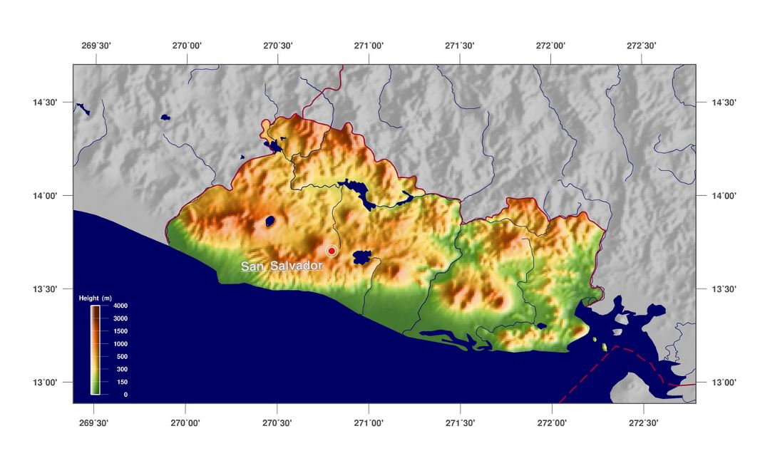 Большая физическая карта Сальвадора