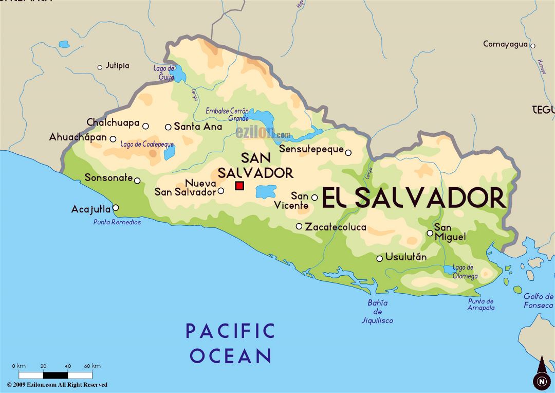 Большая физическая карта Сальвадора с крупными городами