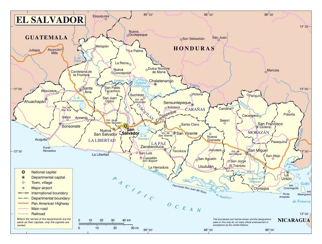 Большая политическая и административная карта Сальвадора с другими пометками
