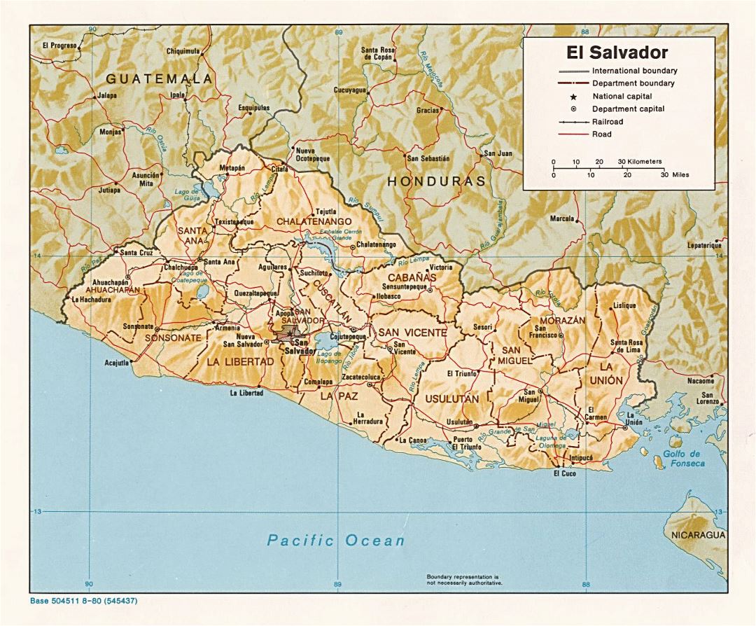 Большая политическая и административная карта Сальвадора с рельефом, дорогами, железными дорогами и крупными городами - 1980