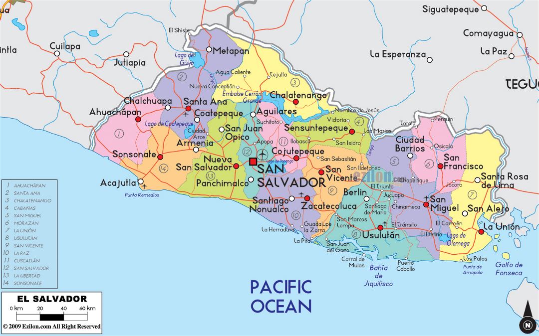 Большая политическая и административная карта Сальвадора с дорогами, городами и аэропортами