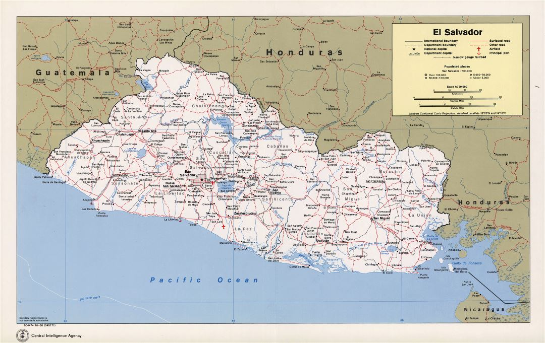 Большая политическая и административная карта Сальвадора с дорогами, железными дорогами, городами, морскими портами и аэропортами - 1980