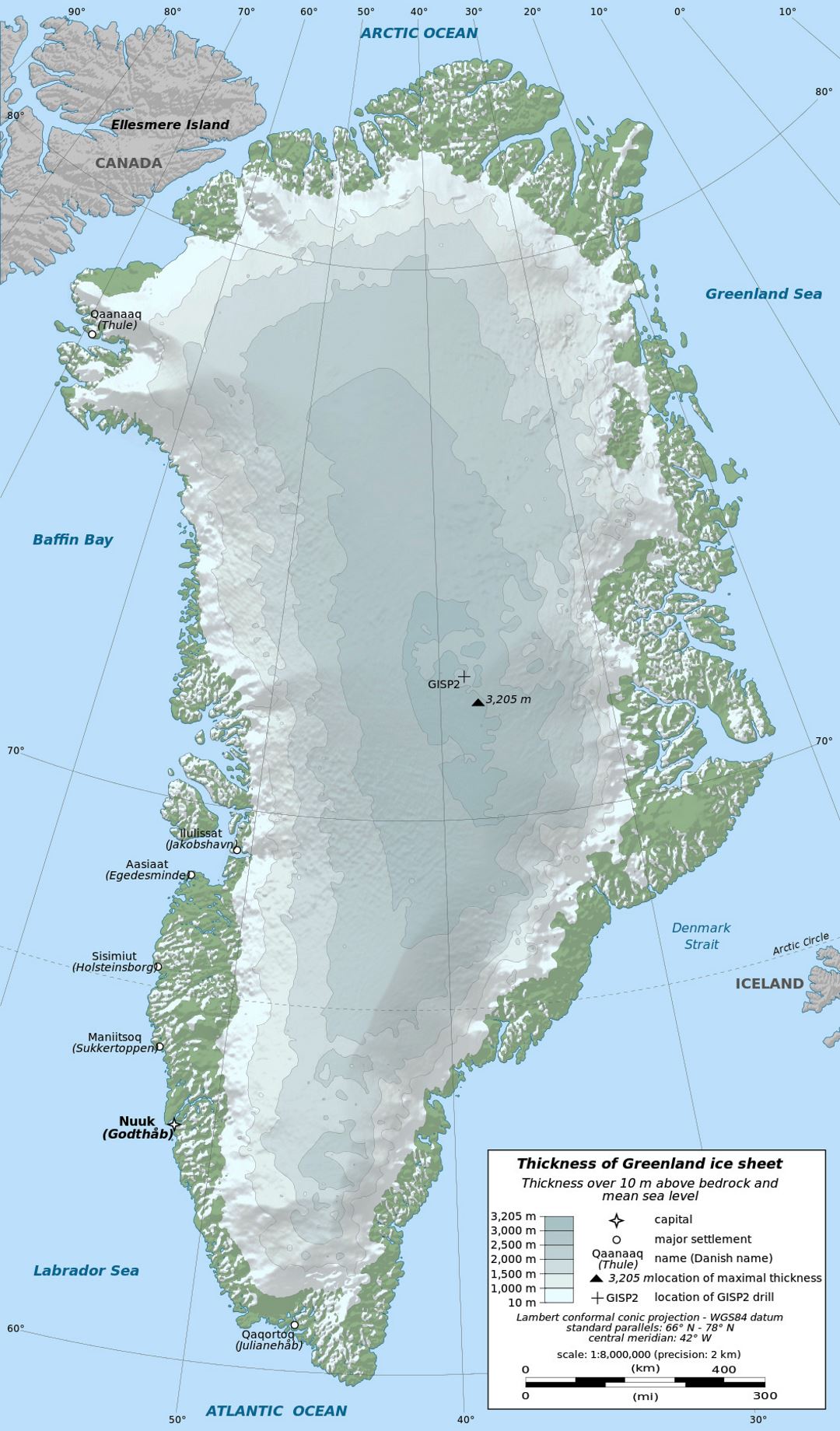 Детальная карта высот Гренландии с другими пометками