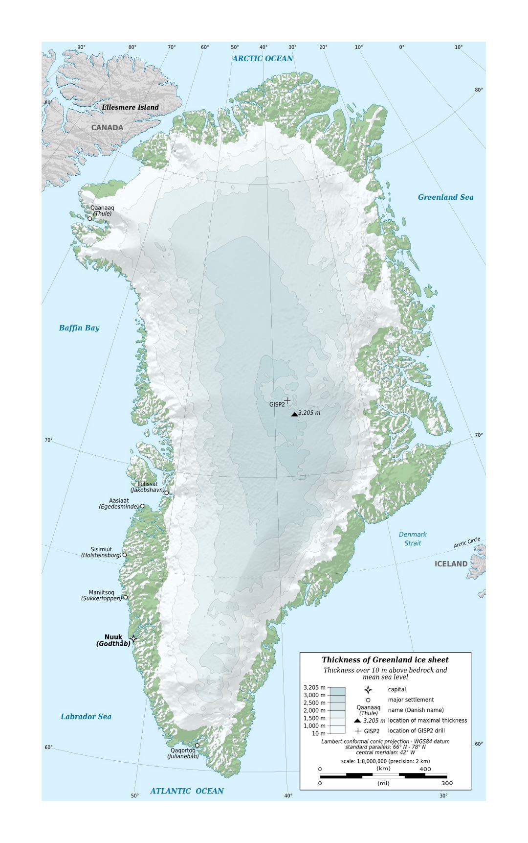 Подробная физическая карта Гренландии с городами и другими пометками