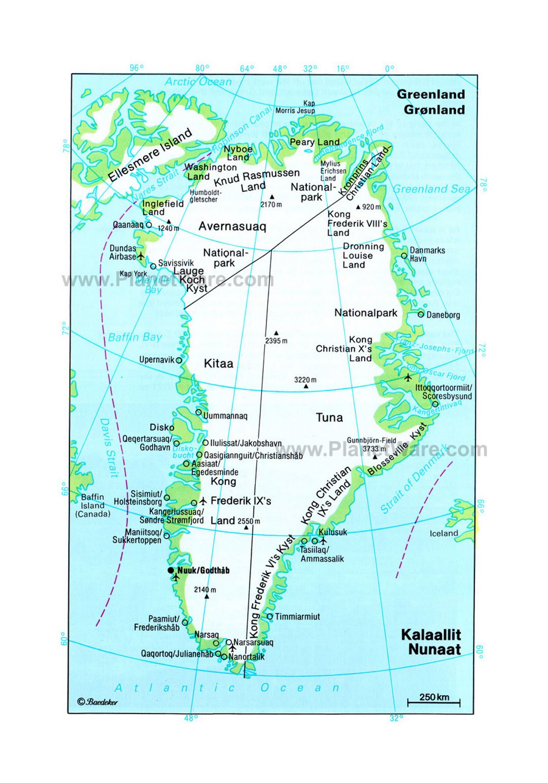 Детальная политическая и административная карта Гренландии с другими пометками