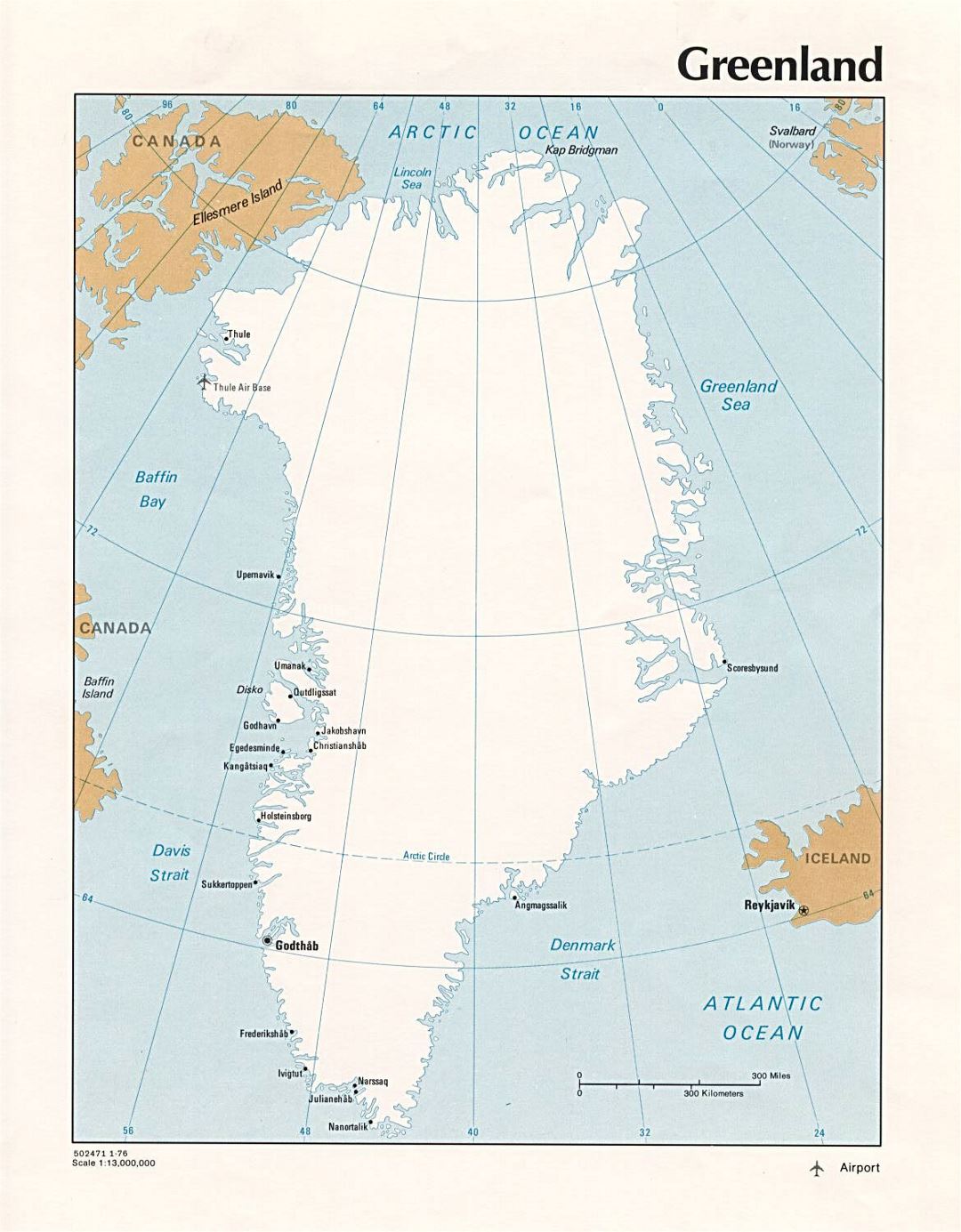 Подробная политическая карта Гренландии с городами и аэропортами - 1976