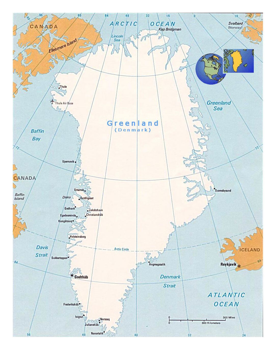 Детальная политическая карта Гренландии с городами и аэропортами