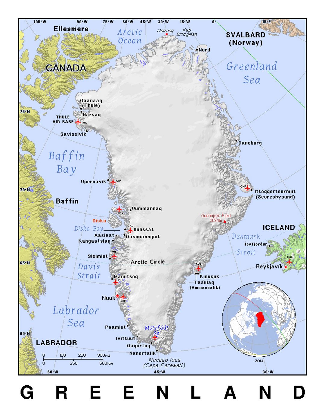 Детальная политическая карта Гренландии с рельефом